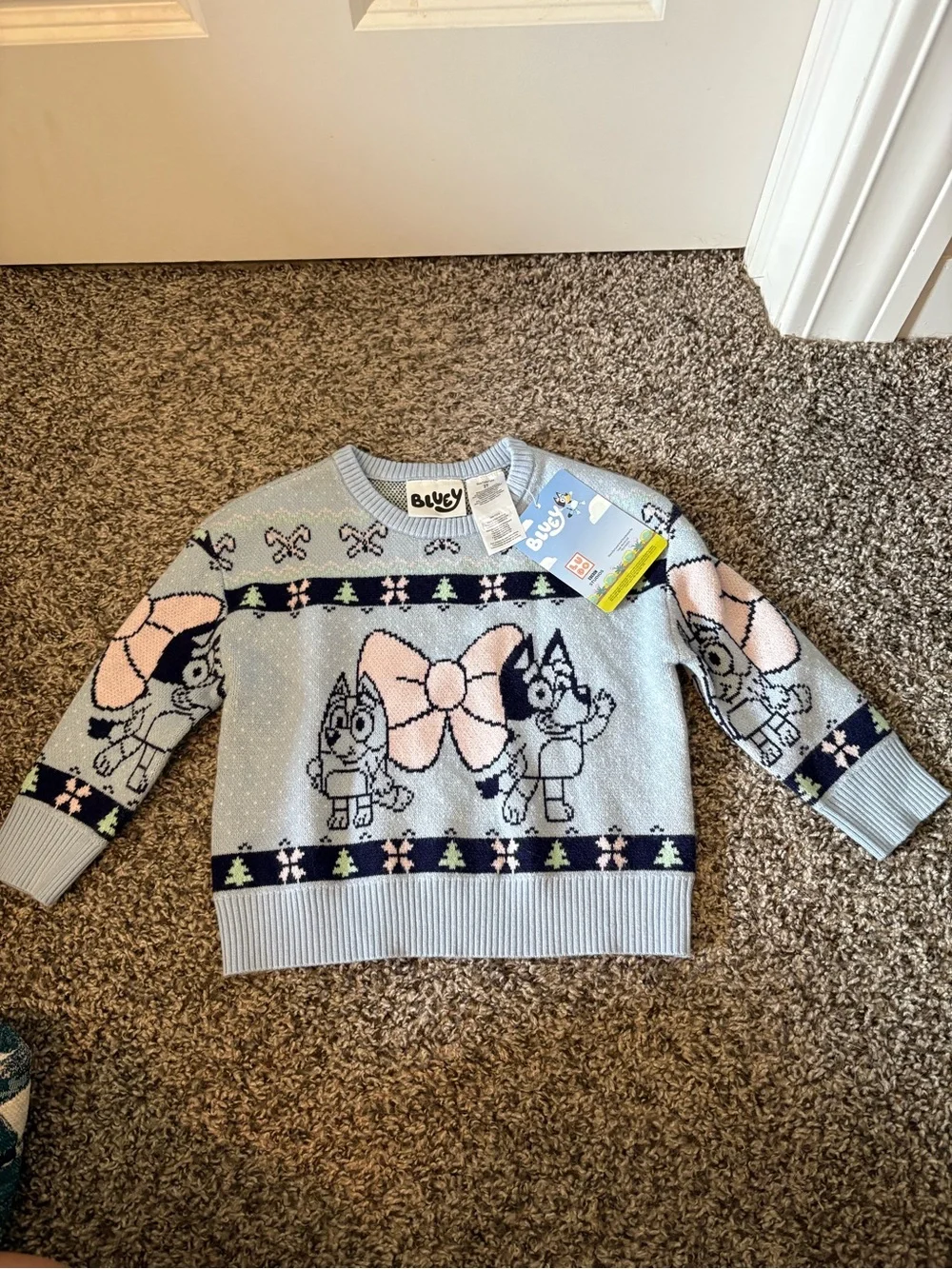 Carters Bluey Girls' Light Blue Cartoon Knit Sweater with Pink Bow